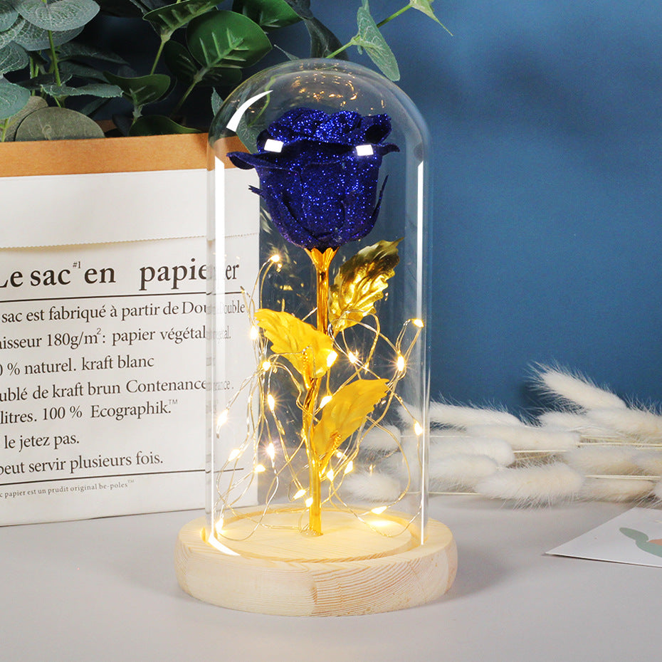 Eternal rose flowers with LED light in glass cover