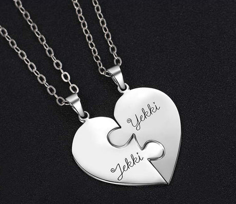 Engraved S925 Silver Jigsaw Puzzle Breakable Heart Pendant Necklaces for Couples, Friends &amp; Family