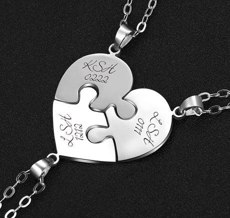 Engraved S925 Silver Jigsaw Puzzle Breakable Heart Pendant Necklaces for Couples, Friends &amp; Family