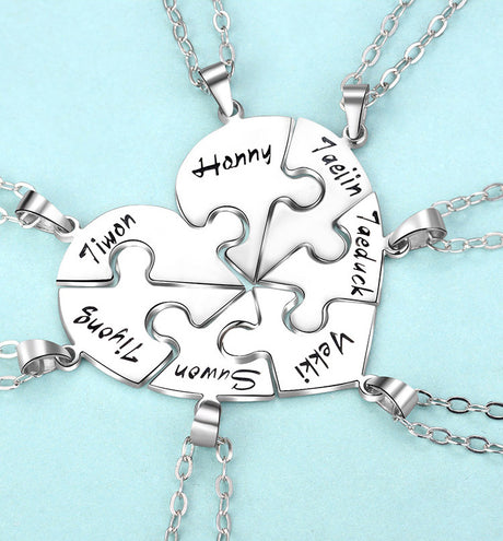 Engraved S925 Silver Jigsaw Puzzle Breakable Heart Pendant Necklaces for Couples, Friends &amp; Family
