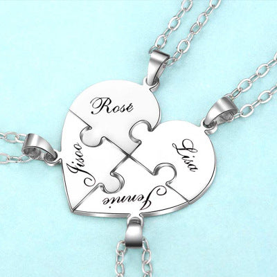 Engraved S925 Silver Jigsaw Puzzle Breakable Heart Pendant Necklaces for Couples, Friends &amp; Family