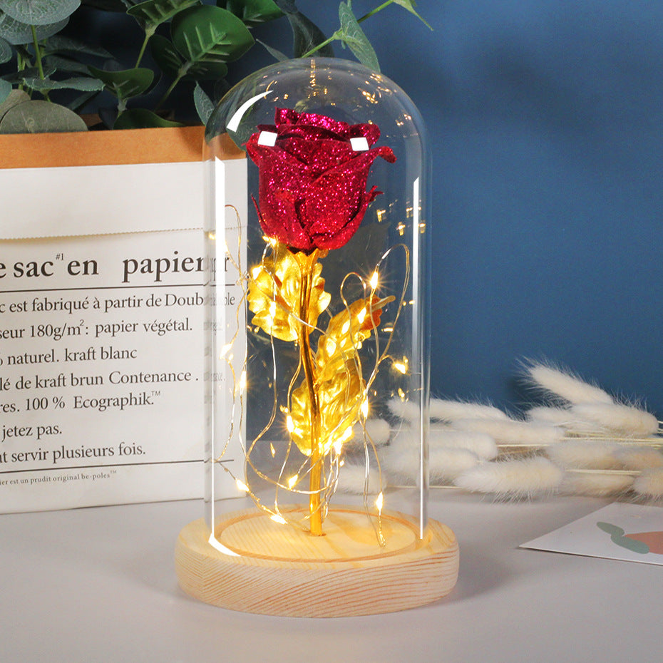 Eternal rose flowers with LED light in glass cover