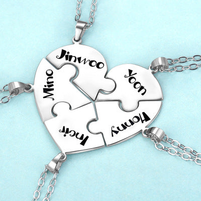 Engraved S925 Silver Jigsaw Puzzle Breakable Heart Pendant Necklaces for Couples, Friends &amp; Family