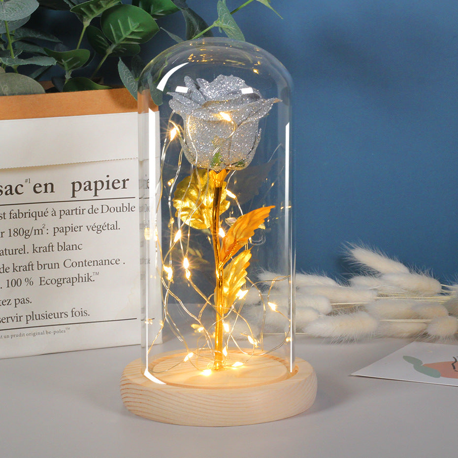 Eternal rose flowers with LED light in glass cover