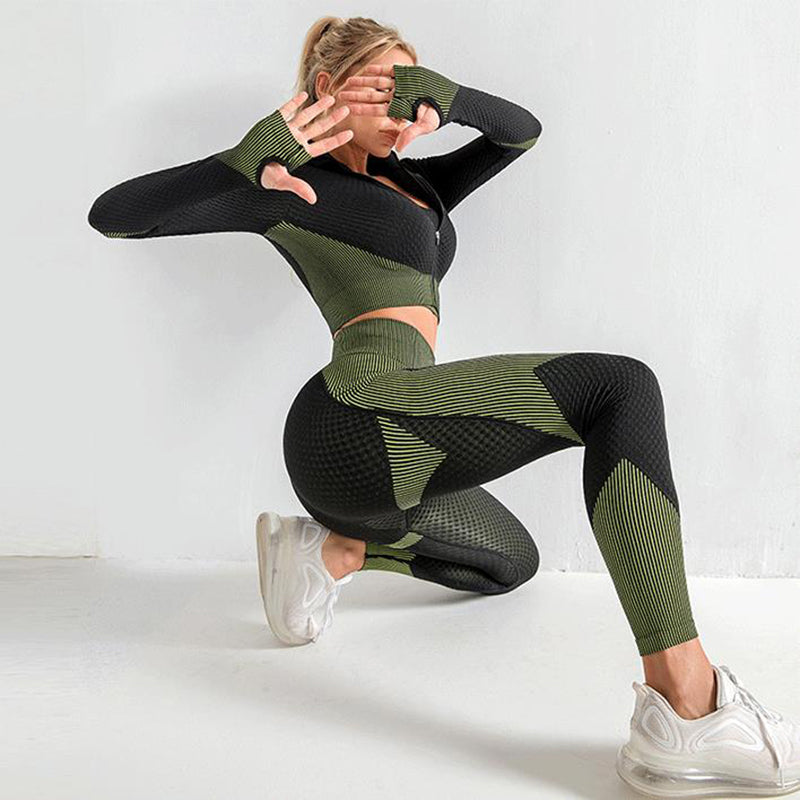 3-teiliges Yoga Set - Nahtloses Sportset für Damen: Leggings, Crop Top und Sport-BH - Für Fitness und Gym