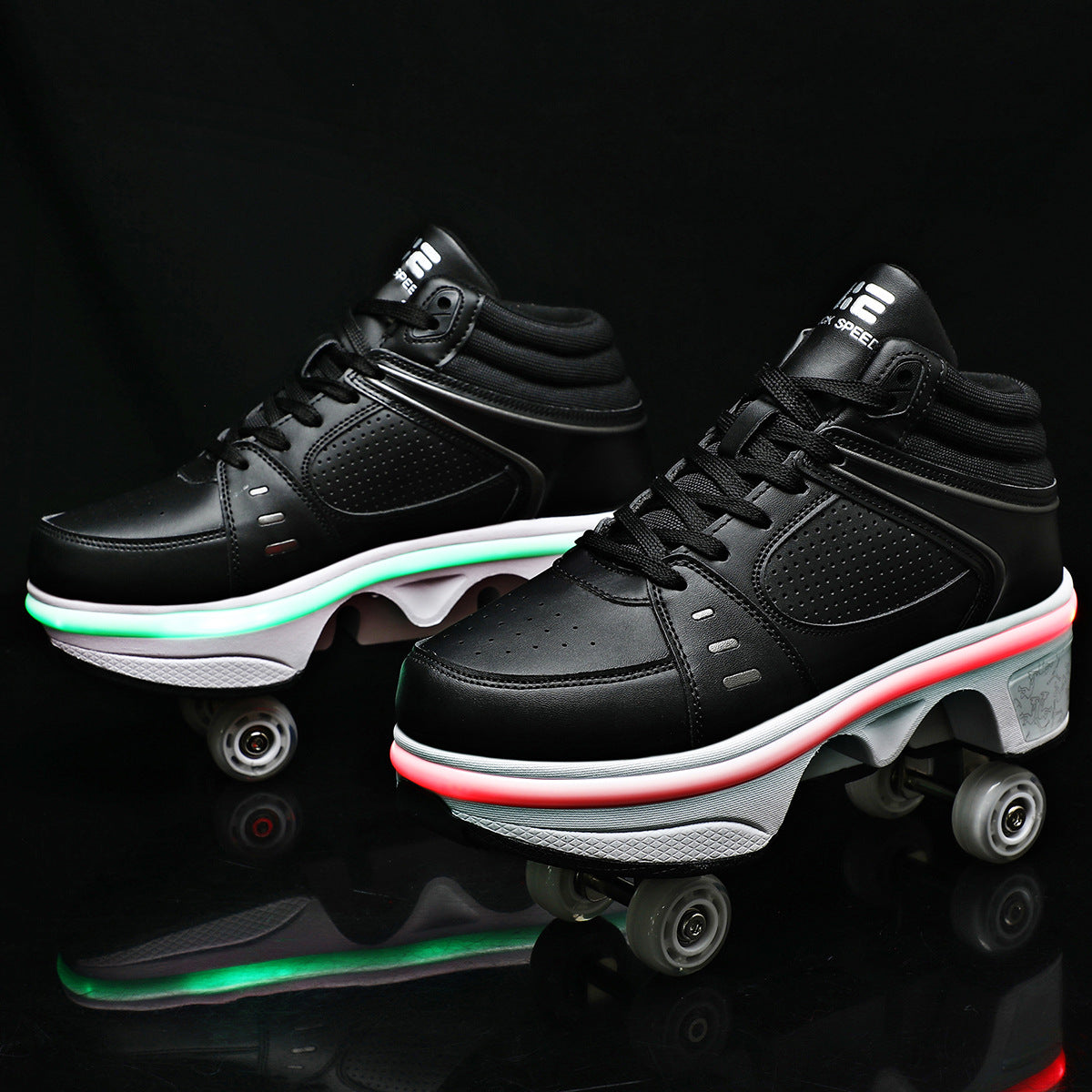 Purposeful deformation double row boom roller skates for skating