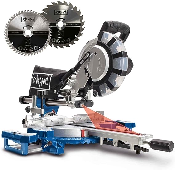 Scheppach HM216SPX 2000W miter saw, 210mm saw blade, laser, 65mm cutting height, 34cm cutting width, aluminum pads, incl. 2nd saw blade.