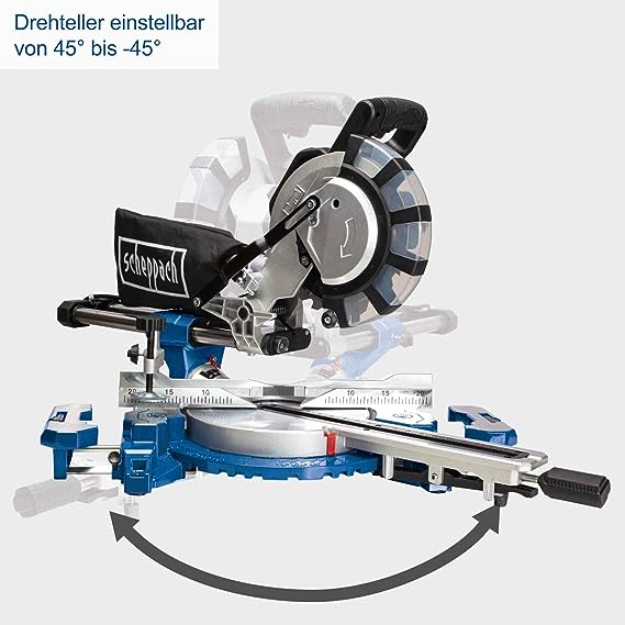 Scheppach HM216SPX 2000W miter saw, 210mm saw blade, laser, 65mm cutting height, 34cm cutting width, aluminum pads, incl. 2nd saw blade.