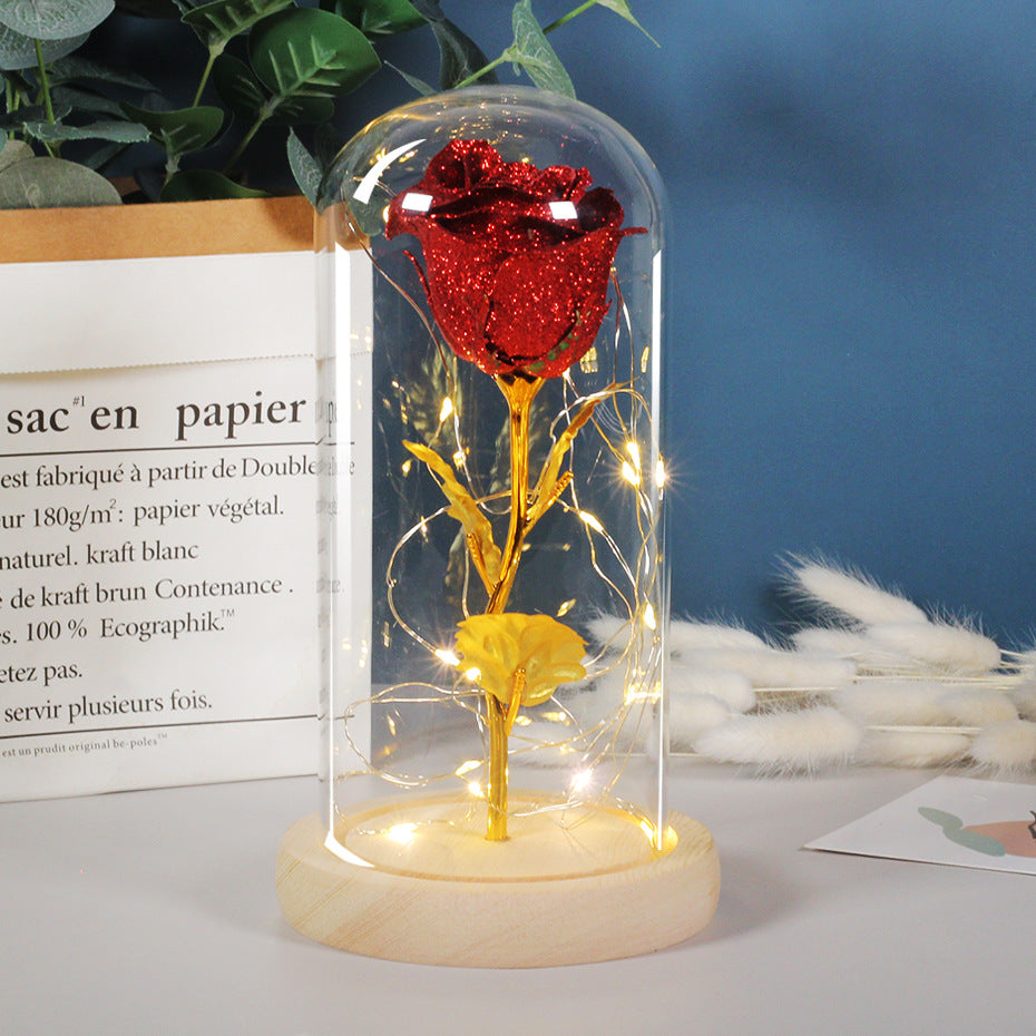 Eternal rose flowers with LED light in glass cover