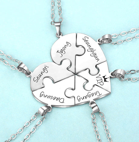 Engraved S925 Silver Jigsaw Puzzle Breakable Heart Pendant Necklaces for Couples, Friends &amp; Family