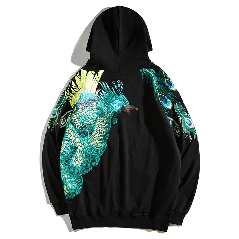 Men's hoodie jacket with peacock embroidery