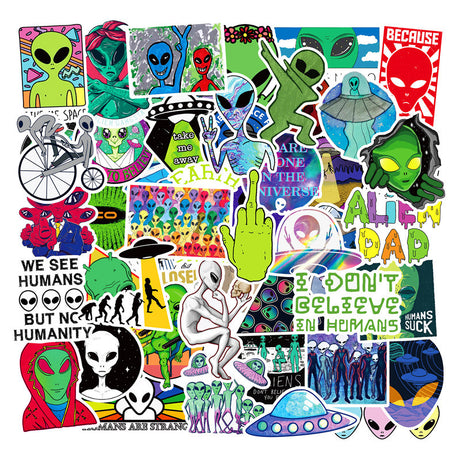 Alien und UFO Sticker-Set mit 50 Stück, geeignet für Trolley, Skateboard und Laptop