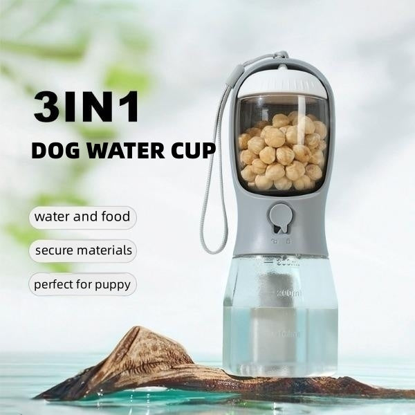 3-in-1 Tragbare Hunde-Wasserflasche: Wasser, Futter & Müllbeutelhalter – Kompaktes Multifunktions-Zubehör für Unterwegs