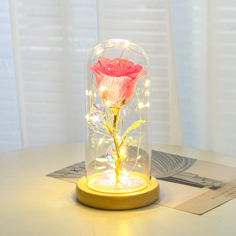 Eternal rose flowers with LED light in glass cover