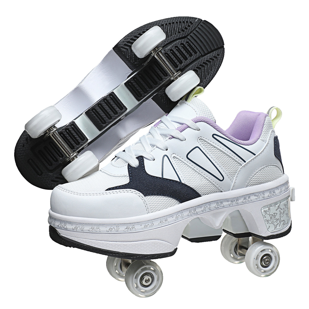 Purposeful deformation double row boom roller skates for skating