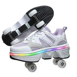 Purposeful deformation double row boom roller skates for skating