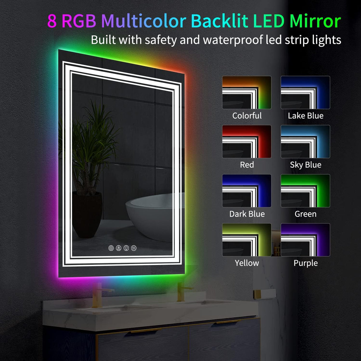 20x28 Zoll Anti-Beschlag Smart Touch Spiegel RGB LED Badezimmerspiegel mit Hintergrundbeleuchtung und Farbwechsel